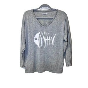 MISSLOOK Womens Gray Medium V-Neck Fish Skeleton Print Top Dolman Sleeves